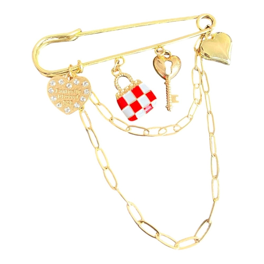 Gold Tone Safety Pin Charm Brooch 2.75" Rhinestone Enamel Heart Key Handbag